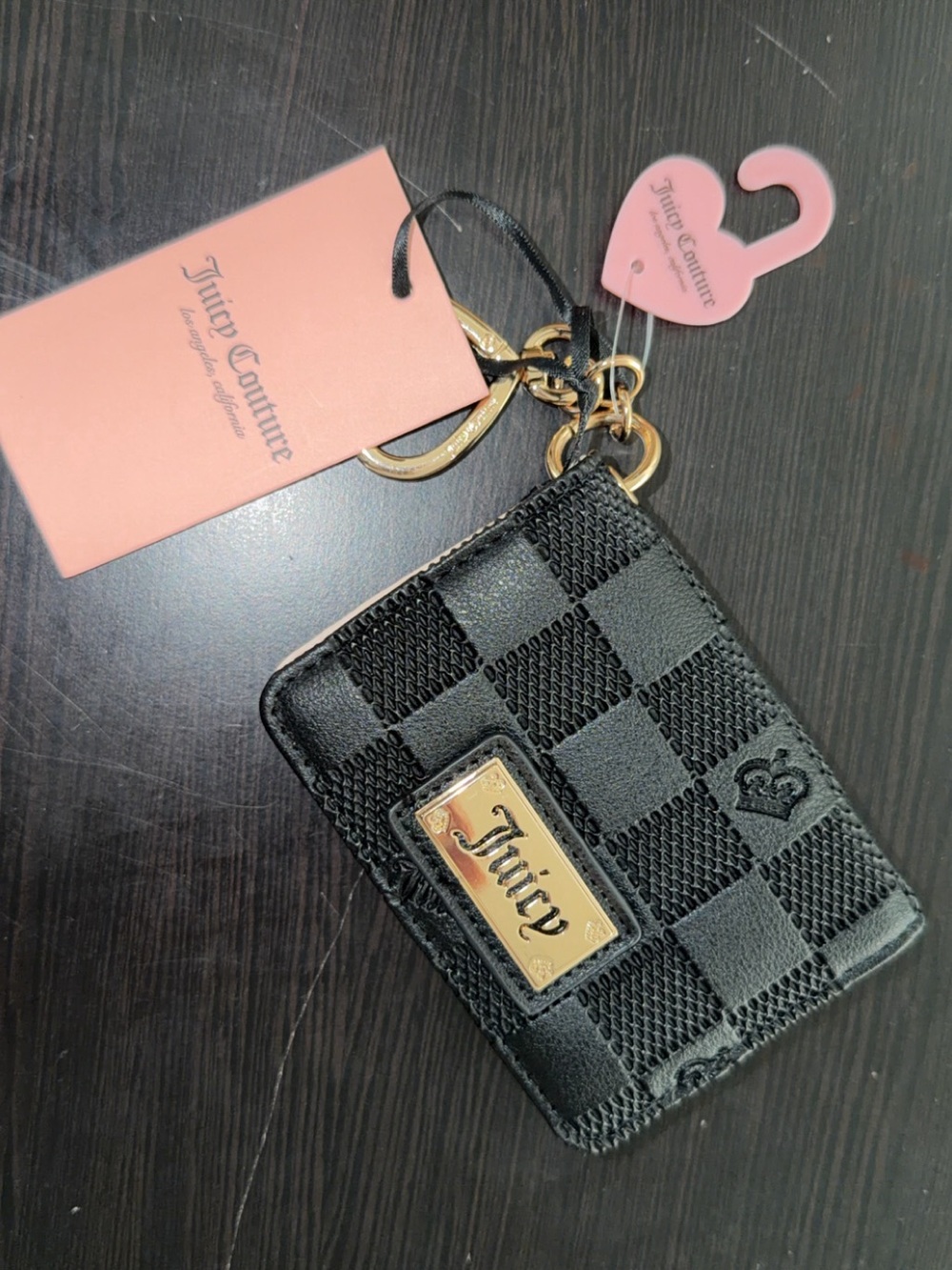 Juicy Couture Black Check Pattern Cardholder Keyring with Gold Plate